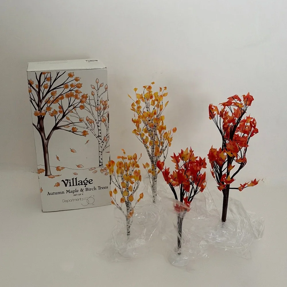 NEW!! Vintage DEPARTMENT 56 Halloween Village Autumn Maple Birch Trees Set 4 Box
